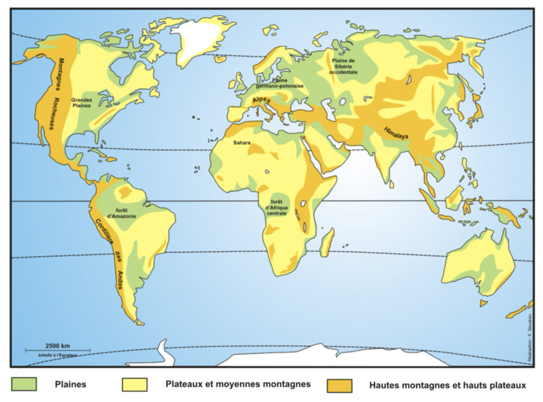 Carte thematique du monde montrant les grands reliefs